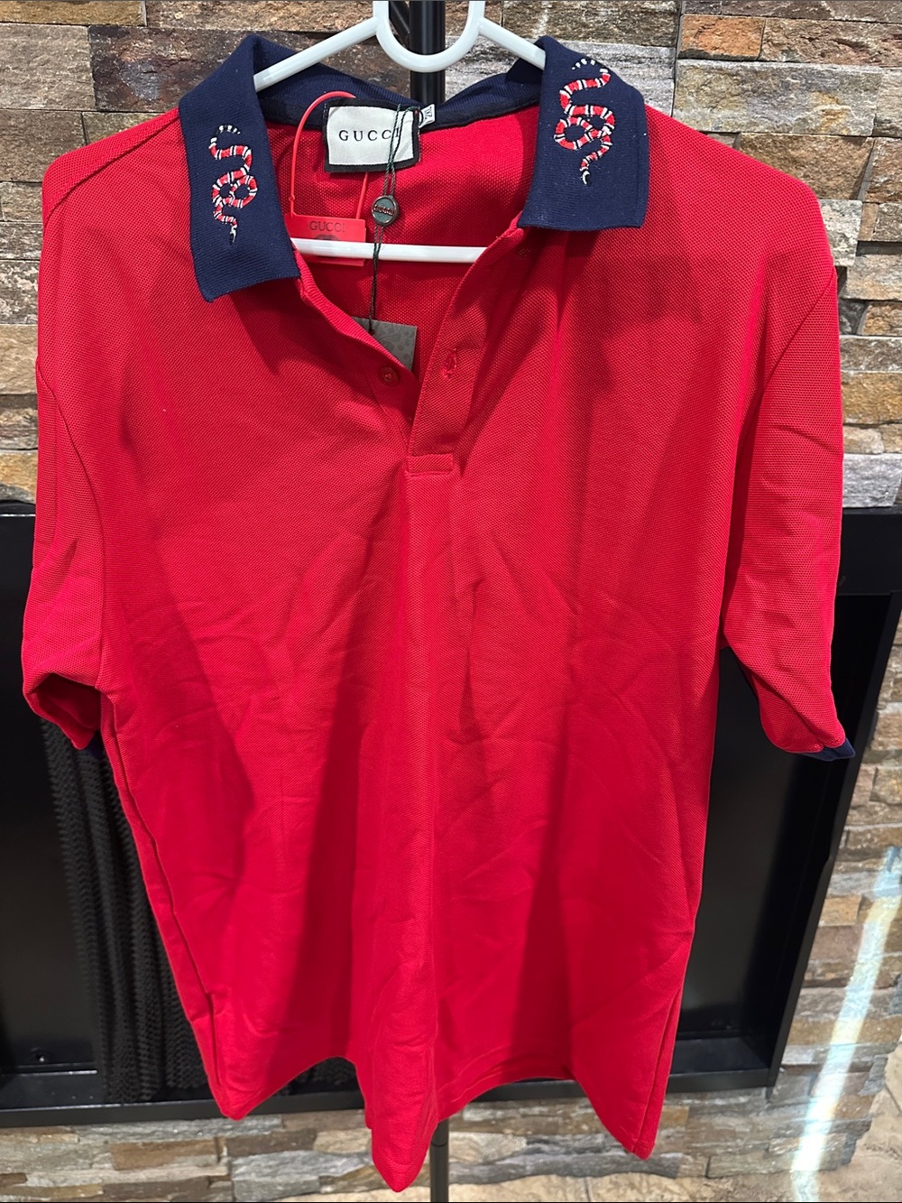 Red Polo with Navy Embroidered Snake Collar size S